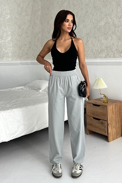 Behind Look Gabardine High Waist 100% Cotton Straight Leg Gray Trousers