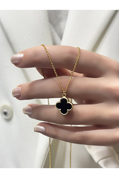 DİAMİNE PIRLANTA 14 Ayar Altın Doç Zincir Büyük Siyah Yonca Kolye