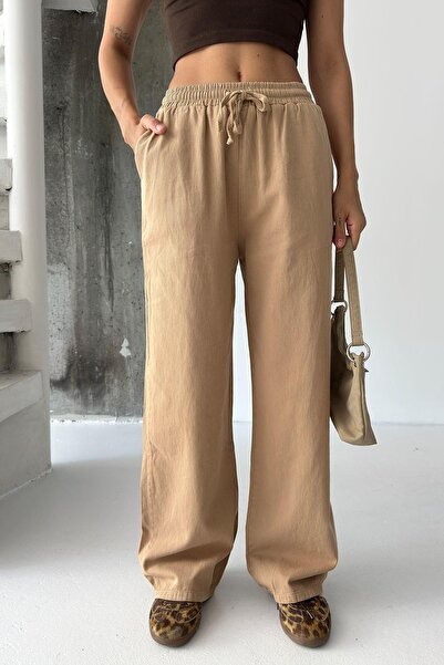 Behind Look Gabardine 100% Cotton High Waist Camel Wide Leg Palazzo Pants