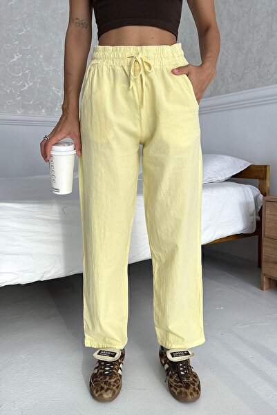Behind Look High Waist Lace-Up 100% Cotton Comfortable Fit Yellow Straight Leg Women's Trousers