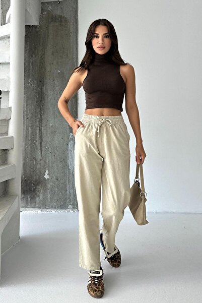 Behind Look High Waist Lace-Up 100% Cotton Comfortable Fit Beige Straight Leg Women's Trousers