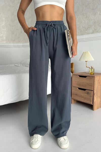 Behind Look Gabardine 100% Cotton High Waist Smoked Wide Leg Palazzo Pants