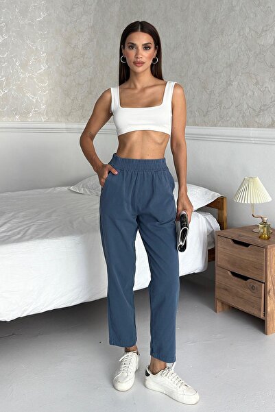 Behind Look Gabardine High Waist 100% Cotton Straight Leg Saks Blue Trousers
