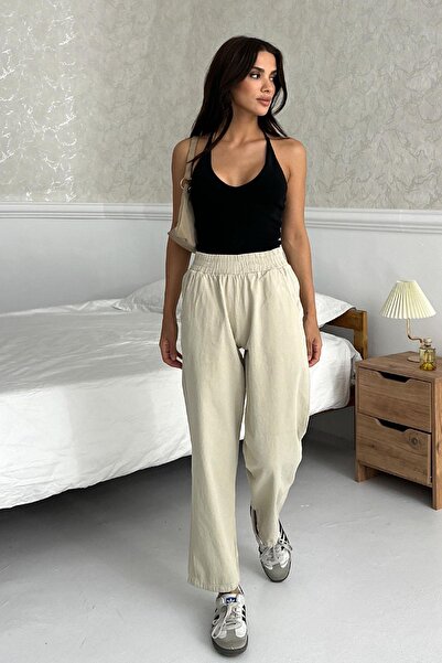 Behind Look Gabardine High Waist 100% Cotton Straight Leg Stone Pants