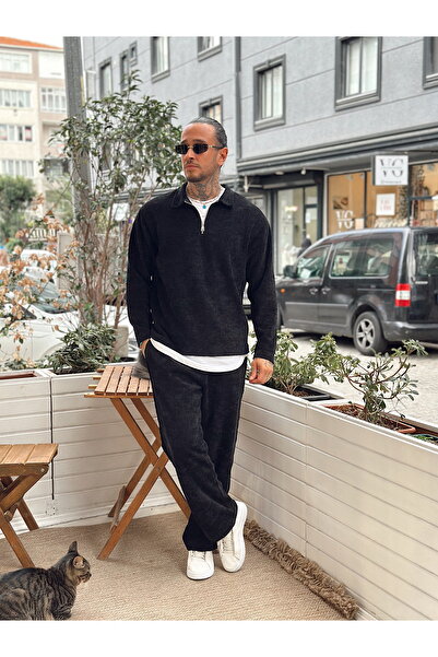 manch collection Kumaş Detaylı Sweatshirt Pantolon Takım Siyah