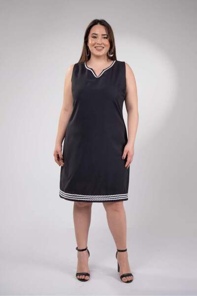 Roxxlen 1111073 Kadın Büyük Beden V Yaka Kolsuz Elbise Siyah