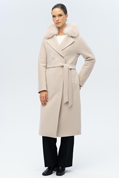 Olcay Batwing Sleeve Detachable Fur Punto Stitching Detailed Cashmere Coat Light Beige 3120-Tk