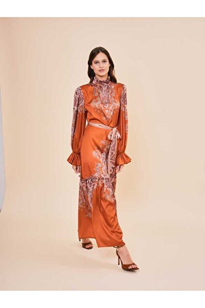 SERPİL Desenli Uzun Kollu Yüksek Yakalı Şık Kadın Elbise 50946