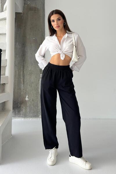 Behind Look Gabardine High Waist 100% Cotton Straight Leg Black Trousers