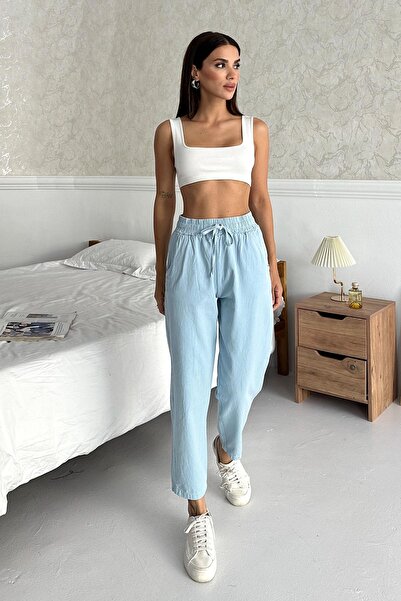 Behind Look Gabardine 100% Cotton Comfortable Fit Baby Blue High Waist Straight Leg Women's Trousers