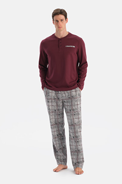 Eros Burgundy Long Sleeve T-Shirt and Trousers Set with Patch and Pocket Detail