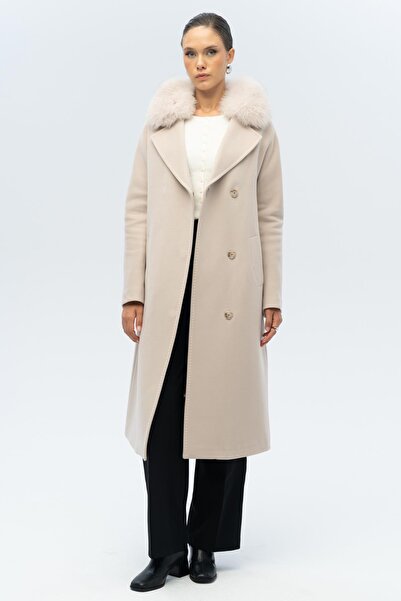 Olcay Batwing Sleeve Detachable Fur Punto Stitching Detailed Cashmere Coat Light Beige 3120-Tk