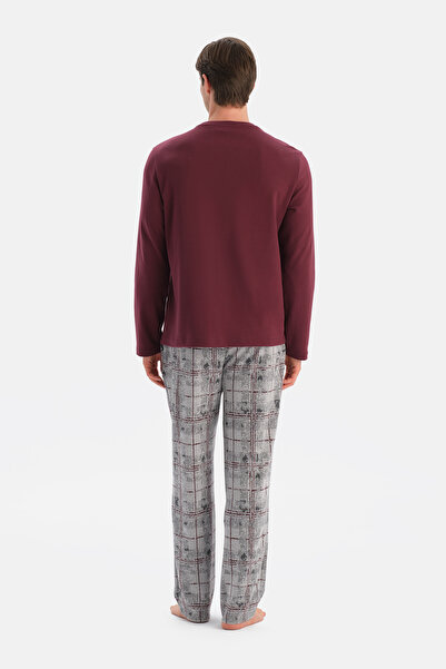 Eros Burgundy Long Sleeve T-Shirt and Trousers Set with Patch and Pocket Detail