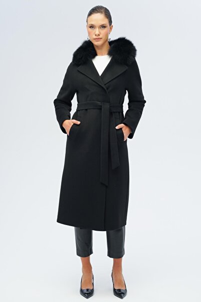 Olcay Batwing Sleeve Detachable Fur Punto Stitching Detailed Cashmere Coat Black 3120-Tk
