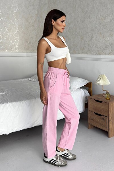 Behind Look High Waist Lace-Up 100% Cotton Comfortable Fit Pink Straight Leg Women's Pants