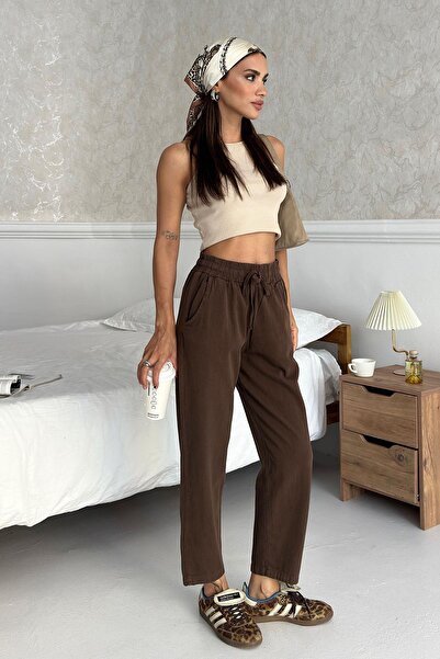 Behind Look Gabardine 100% Cotton Comfortable Fit Brown High Waist Straight Leg Women's Trousers