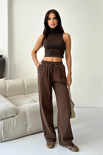 Behind Look Gabardine 100% Cotton High Waist Brown Wide Leg Palazzo Pants