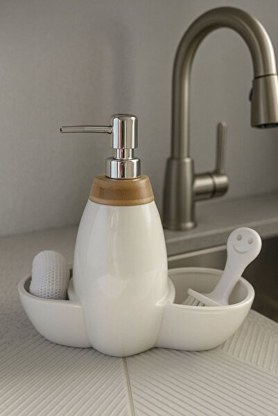 Store Porselen Beyaz Sıvı Sabunluk - Mutfak Tezgah Üstü - Fırça ve Sünger Hediyeli - 500 ml