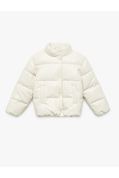 Koton Stand Collar Pocket Long Sleeve Faux Leather Puffer Coat