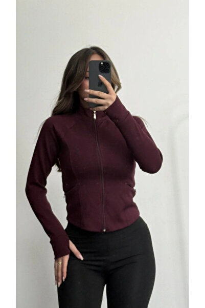 DMR Bordo Vücuda Oturan Fermuarlı Dik Yaka Spor Ceket -Parmak Geçirme Detaylı Cepli Vücudu Saran Ceket