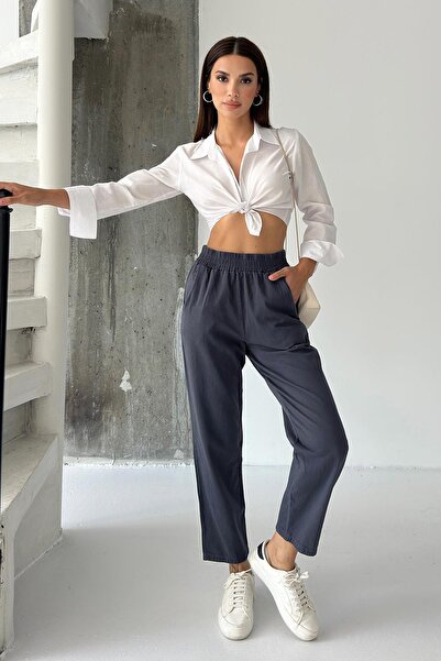 Behind Look Gabardine High Waist 100% Cotton Straight Leg Smoked Trousers