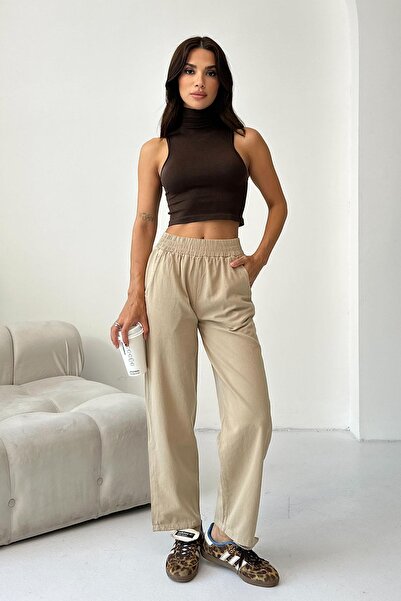 Behind Look Gabardine High Waist 100% Cotton Straight Leg Beige Trousers