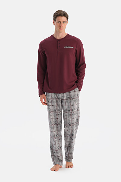 Eros Burgundy Long Sleeve T-Shirt and Trousers Set with Patch and Pocket Detail