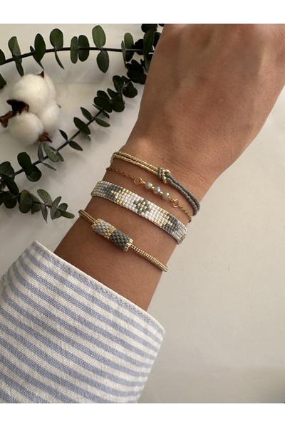 NevoAccessory Kadın 4lü Gri Miyuki Etnik Bileklik Set