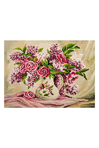 ElkaHobi Goblen Etamin İşleme Seti 40x50 cm Beyaz Vazoda Çiçekler Deseni