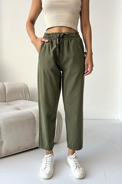 Behind Look Gabardine 100% Cotton Comfortable Fit Khaki High Waist Straight Leg Women's Trousers