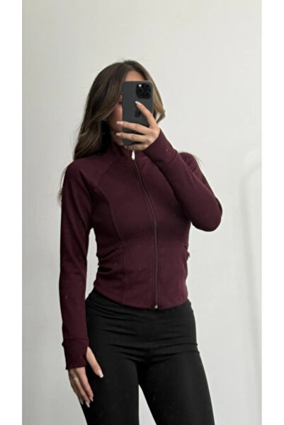DMR Bordo Vücuda Oturan Fermuarlı Dik Yaka Spor Ceket -Parmak Geçirme Detaylı Cepli Vücudu Saran Ceket