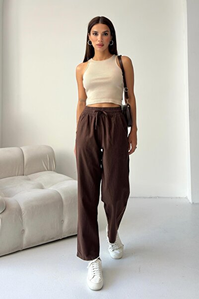 Behind Look High Waist Lace-Up 100% Cotton Comfortable Fit Brown Straight Leg Women's Trousers