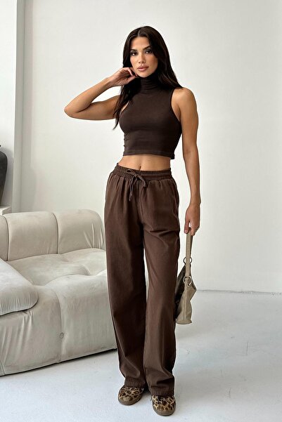 Behind Look Gabardine 100% Cotton High Waist Brown Wide Leg Palazzo Pants