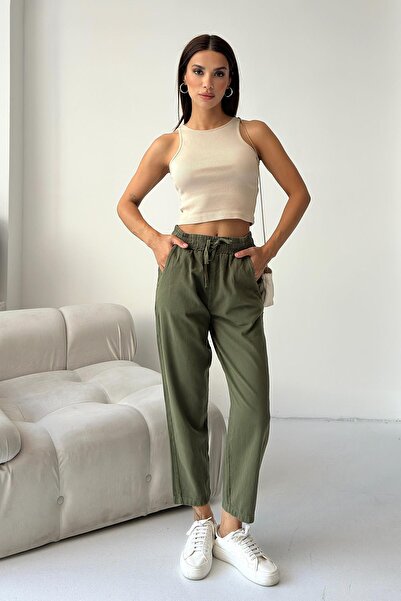 Behind Look Gabardine 100% Cotton Comfortable Fit Khaki High Waist Straight Leg Women's Trousers