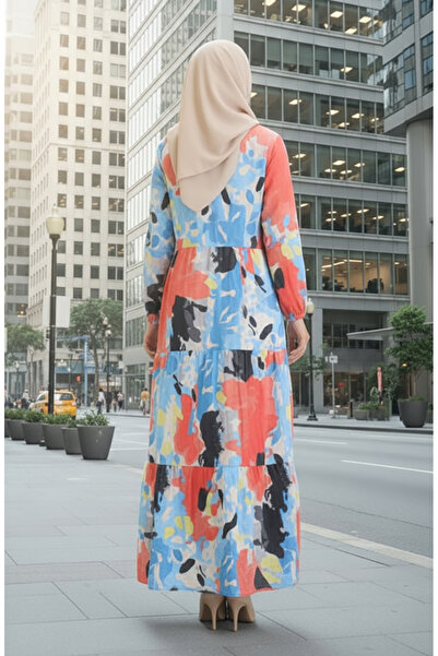 sefamerve Φόρεμα από ύφασμα με κορδόνια στη μέση 0166-02 Κοραλί Μπλε