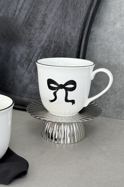 porselenden Bow Porcelain 2-Piece Mug Cup Large Size Black Ribbon Patterned