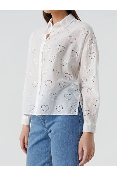 Moday Women's White Brode Heart Pattern Embroidered Cotton Shirt 12A-2355