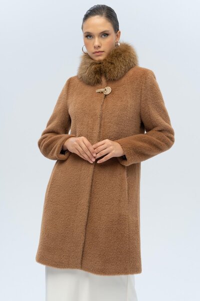 Olcay Premium Plush Coat with Removable Fur Collar and Special Snap Detail Ta...