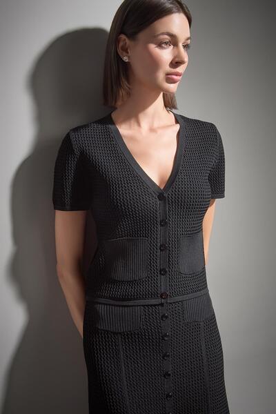 JOIN US Kısa Kollu Cep Detaylı Siyah Triko Hırka