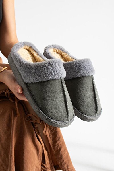 FUGA MODA Mabes Gray Suede Fur Collar Semi-Closed Silent Sole House Slippers