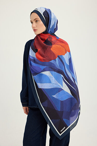 Schaless شال فيسكوز منقوش بالزهور المضيئة - أزرق داكن - 70×190 سم