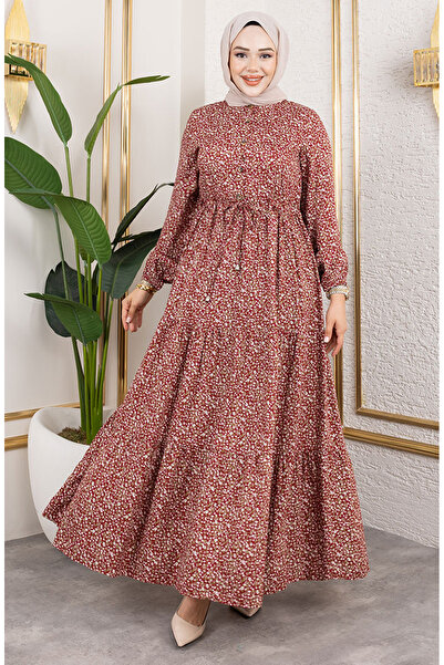 sefamerve Efsun Çiçek Desenli Elbise 7136-03 Bordo
