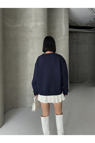 BEJNA Γυναικείο μπλουζάκι με φαρδιά εφαρμογή σε μπλε ναυτικό χρώμα με λαιμόκοψη