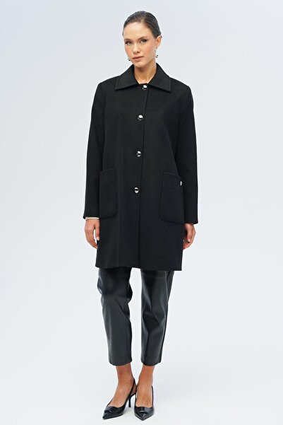 Olcay Shirt Collar Bag Pocket Detailed Plus Size Coat Black 3132