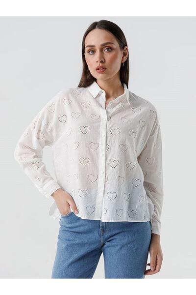 Moday Women's White Brode Heart Pattern Embroidered Cotton Shirt 12A-2355