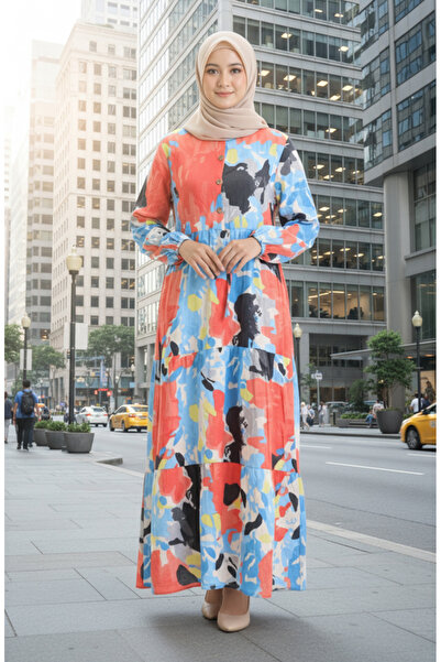 sefamerve Φόρεμα από ύφασμα με κορδόνια στη μέση 0166-02 Κοραλί Μπλε