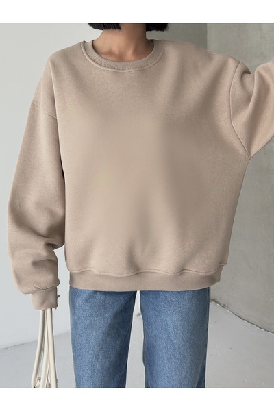 BEJNA Γυναικείο μπλουζάκι με φαρδιά εφαρμογή σε μπεζ χρώμα με λαιμόκοψη ποδηλάτου