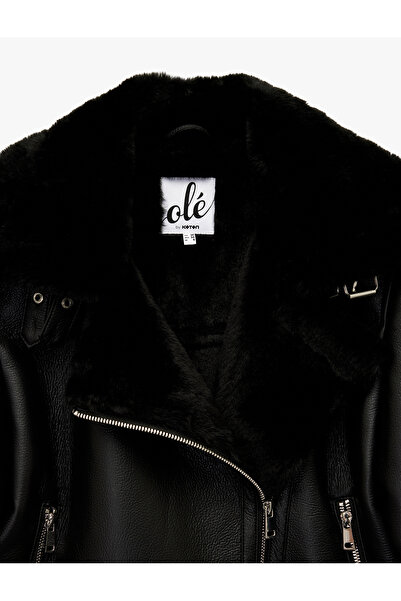 Koton Μακρυμάνικο μπουφάν εφέ δέρματος με γιακά από ψεύτικη γούνα