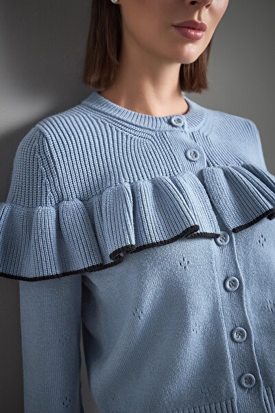 JOIN US Ajurlu Fırfır Detaylı Mavi Triko Hırka