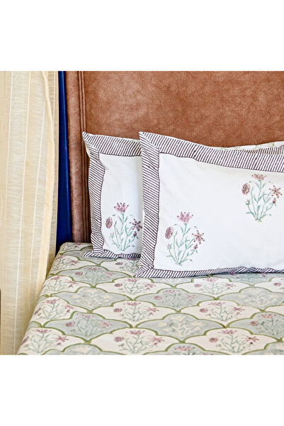 SARAS LABEL Heritage Block Print 100% Cotton Percale Bedsheet with 2 Pillowcases